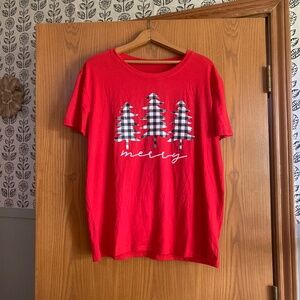 Red Christmas T-shirt with Black and White Plaid Trees Size XL